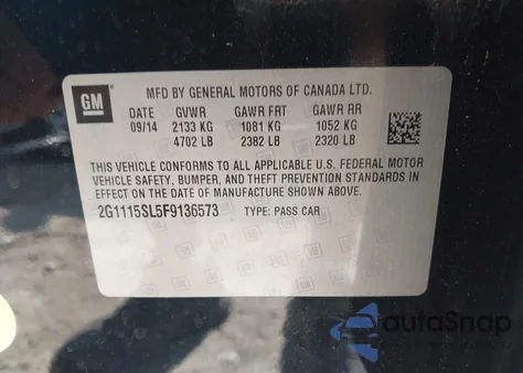 2015 Chevrolet Impala 1Lt из США, поврежденный, VIN 2G1115SL5F9136573